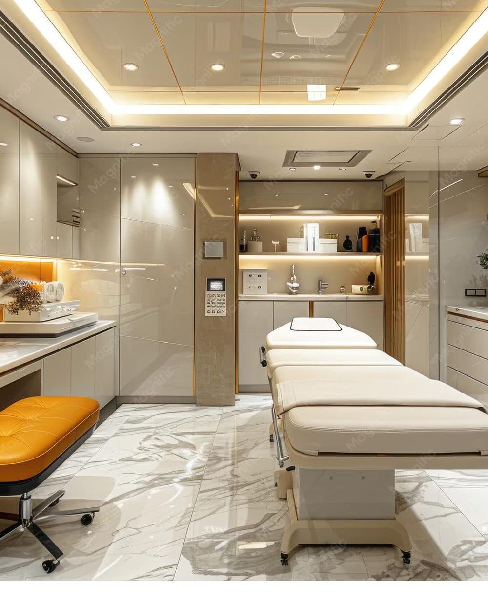Curved wood-panelled treatment room